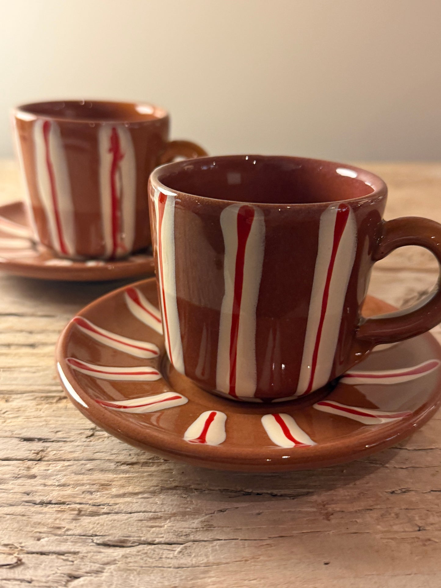 Terracotta stripe small cup and saucer