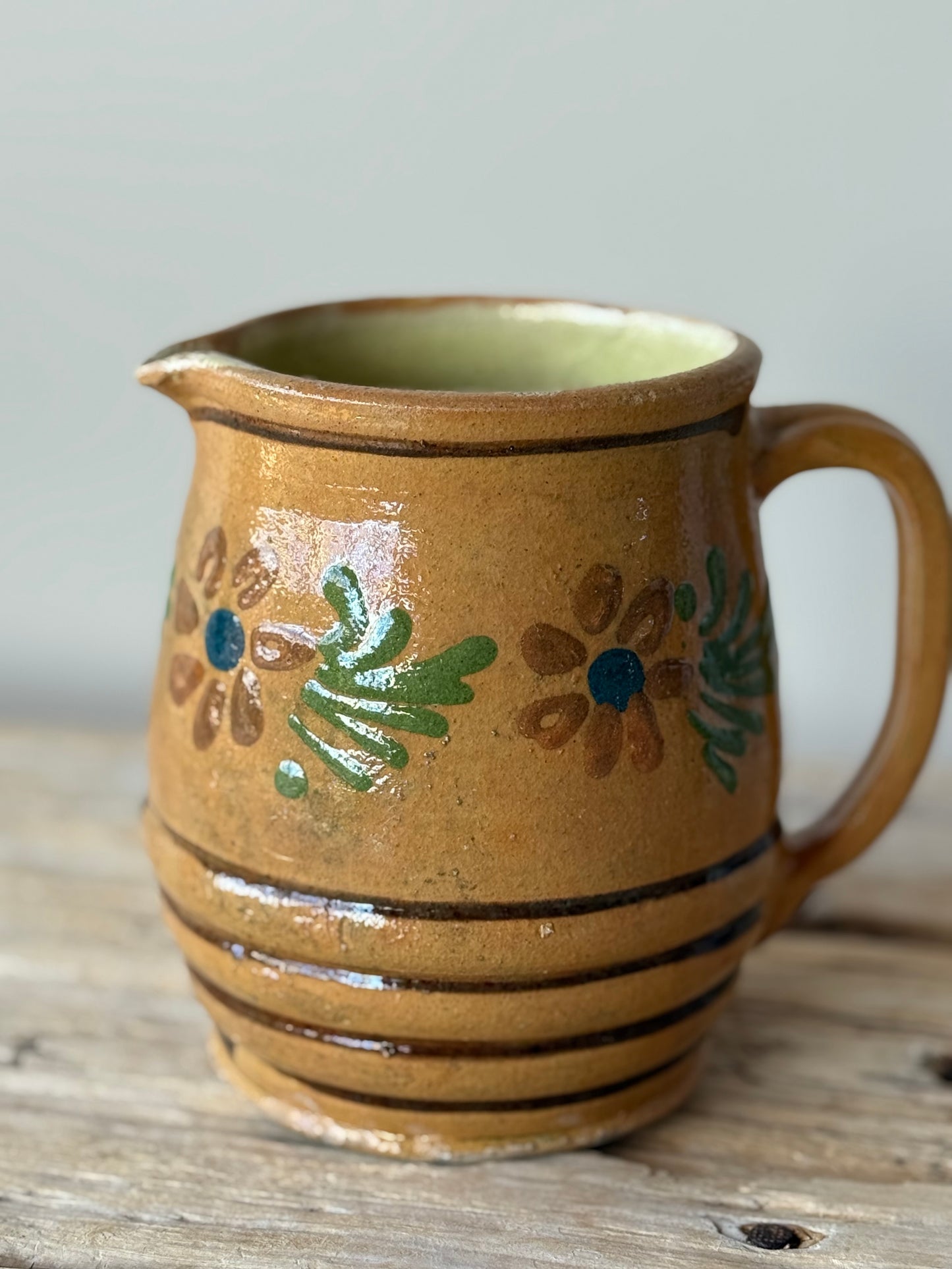 Antique French jug , pottery floral folk