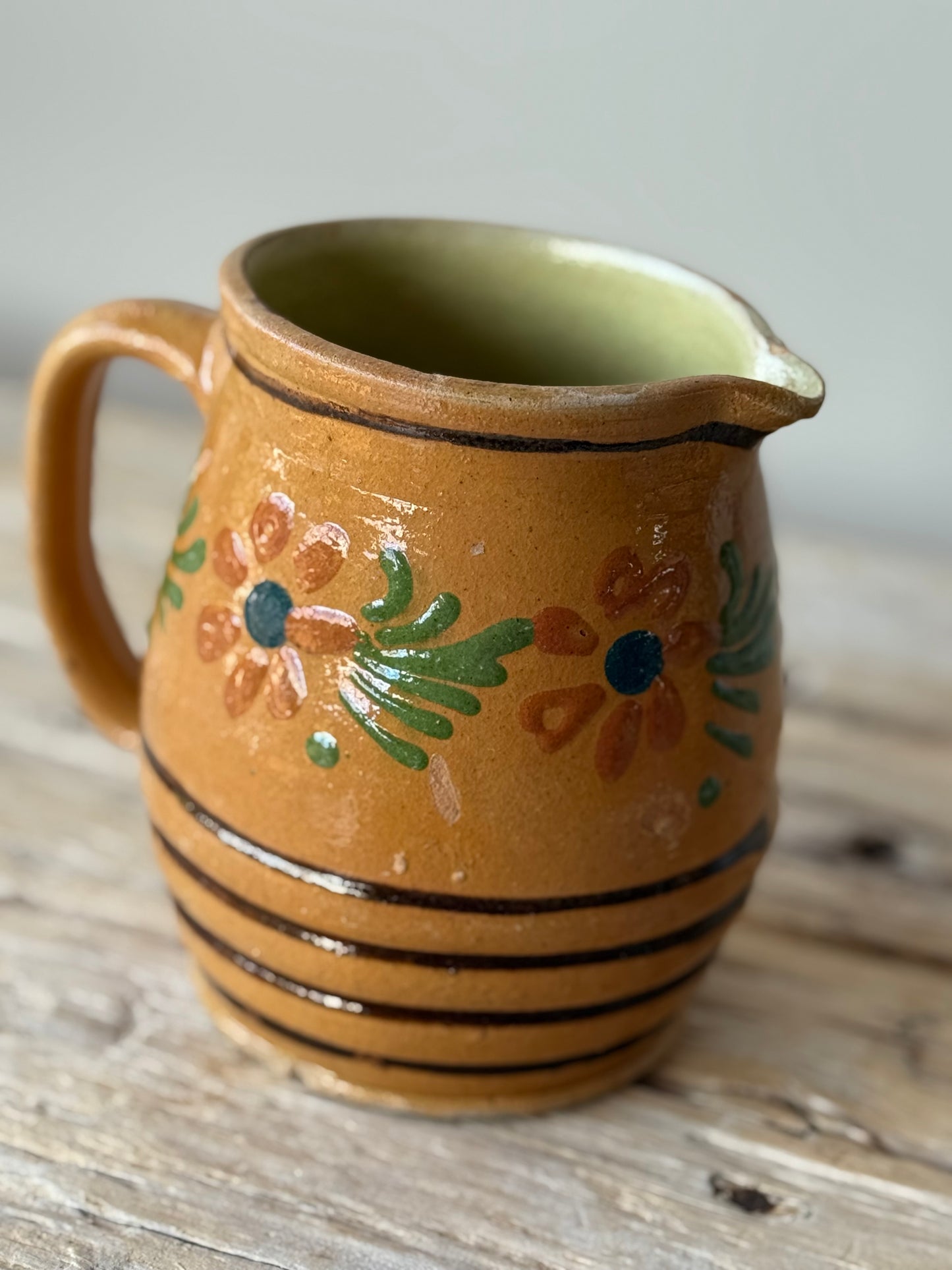 Antique French jug , pottery floral folk
