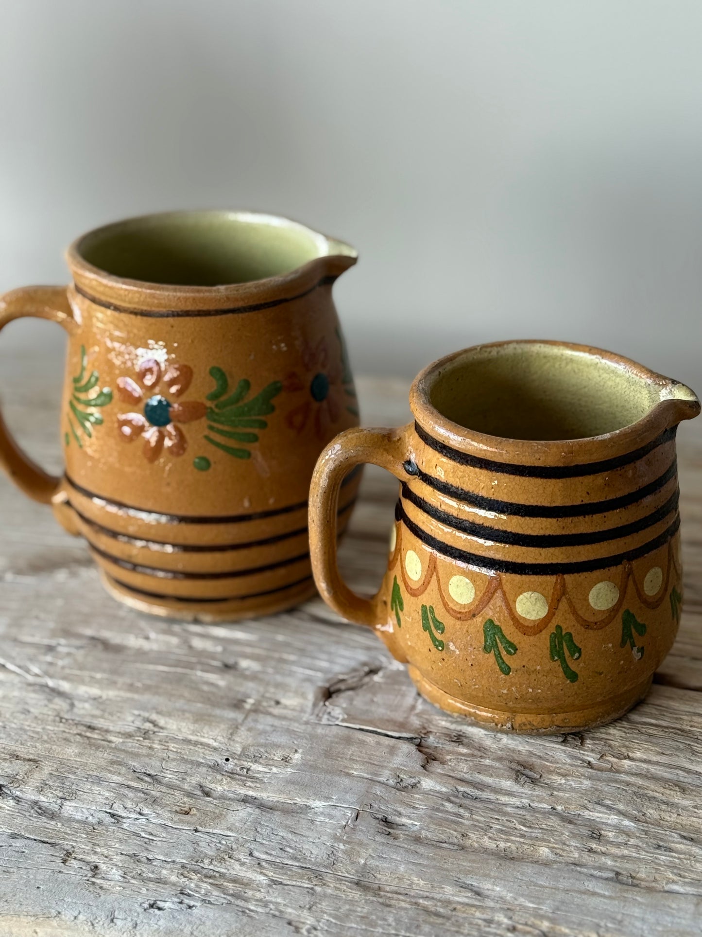 Antique French jug , pottery floral folk