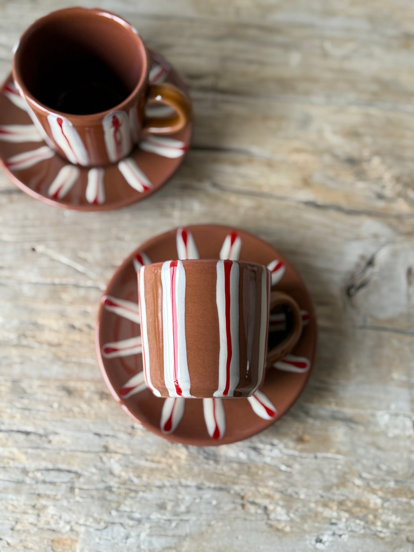 Terracotta stripe small cup and saucer