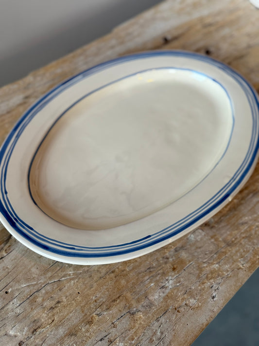 Pale cream with blue stripe large platter plate