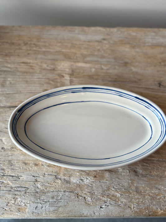 Cream with blue stripe small platter plate