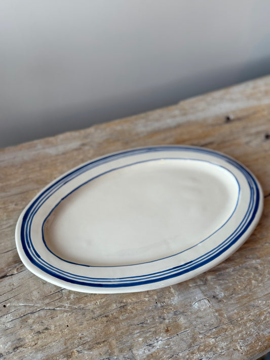 Cream with blue stripe medium platter plate