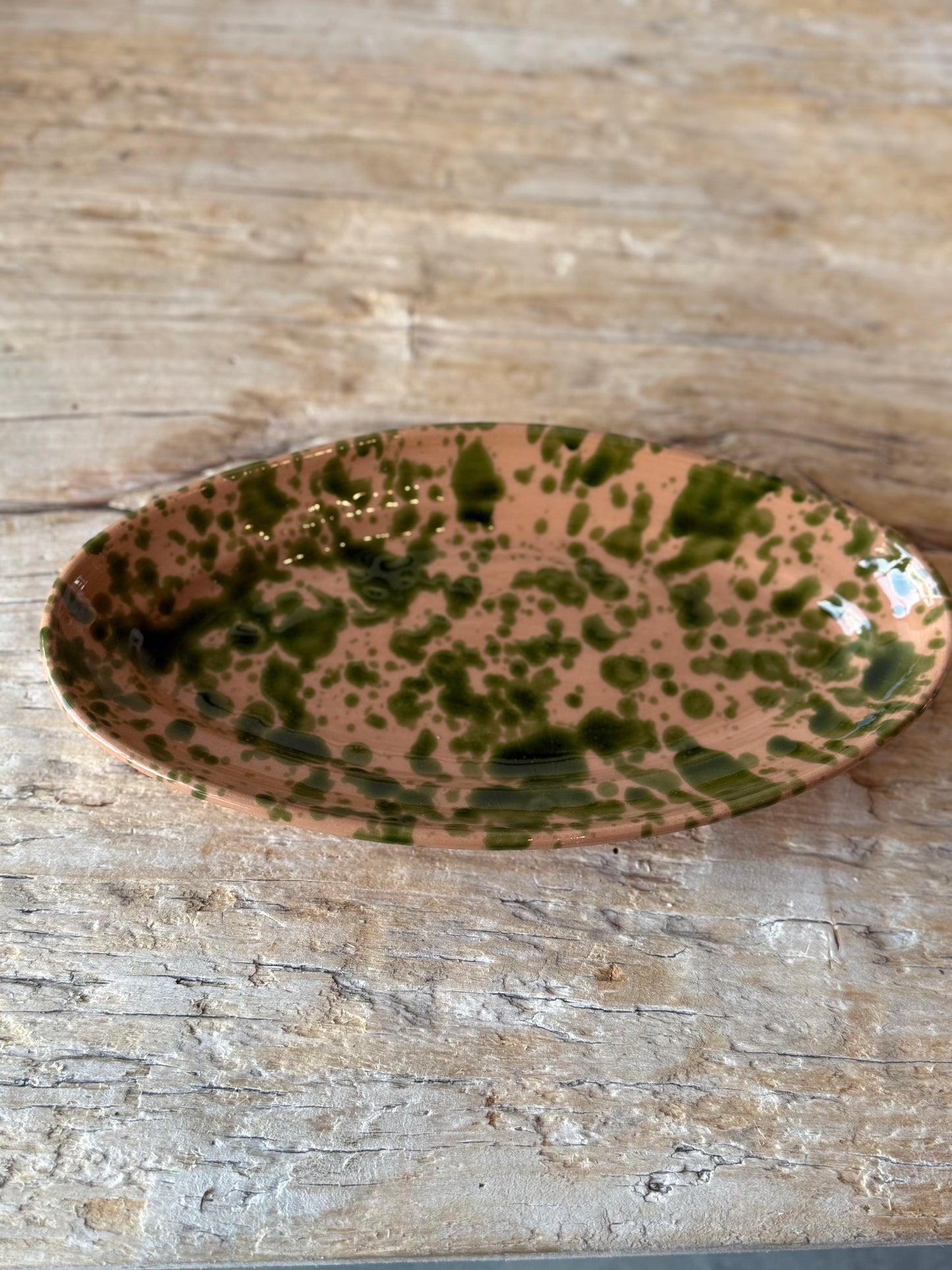 Nude & green splatter ware small oval platter