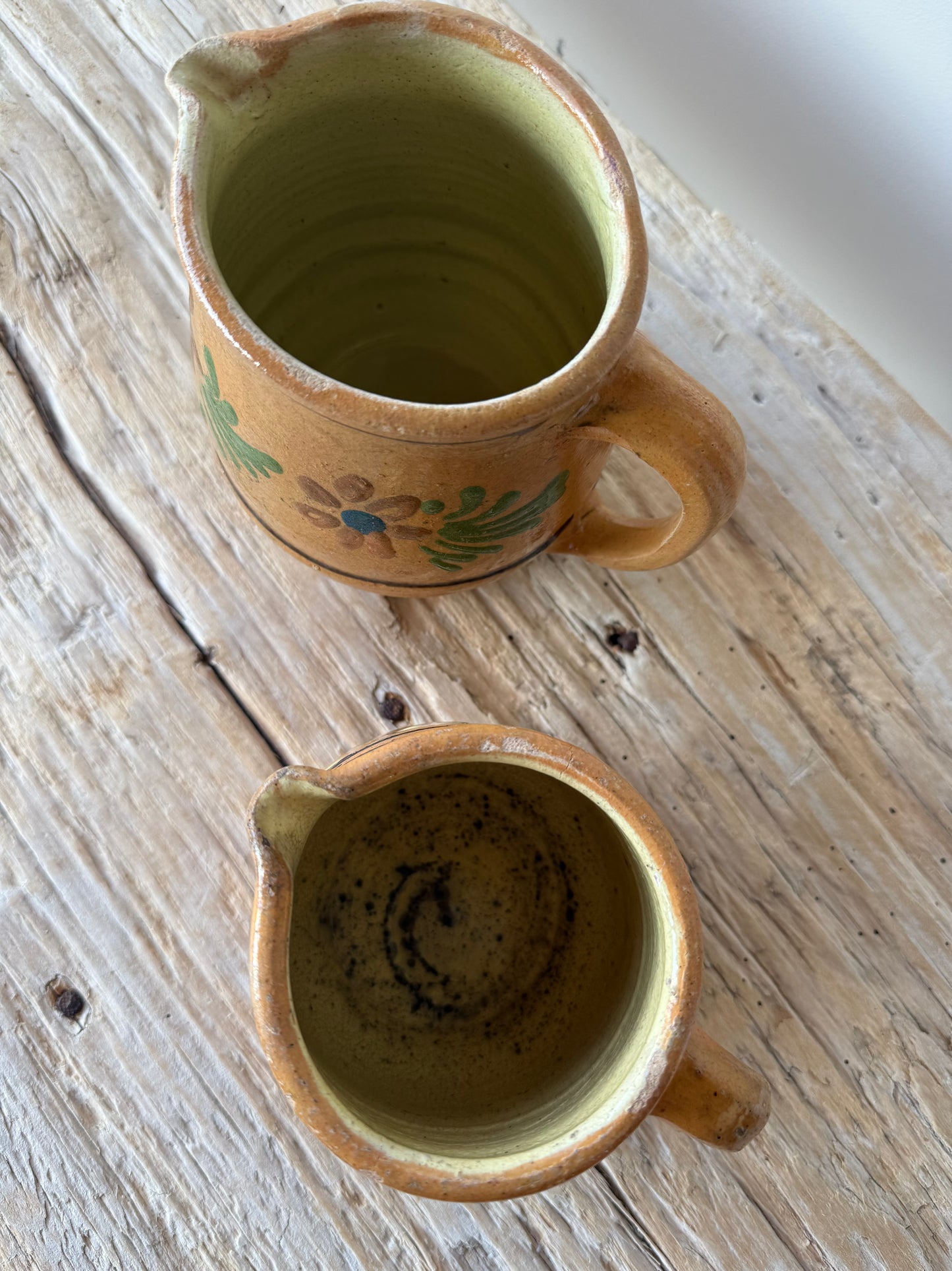 Antique French jug , pottery floral folk
