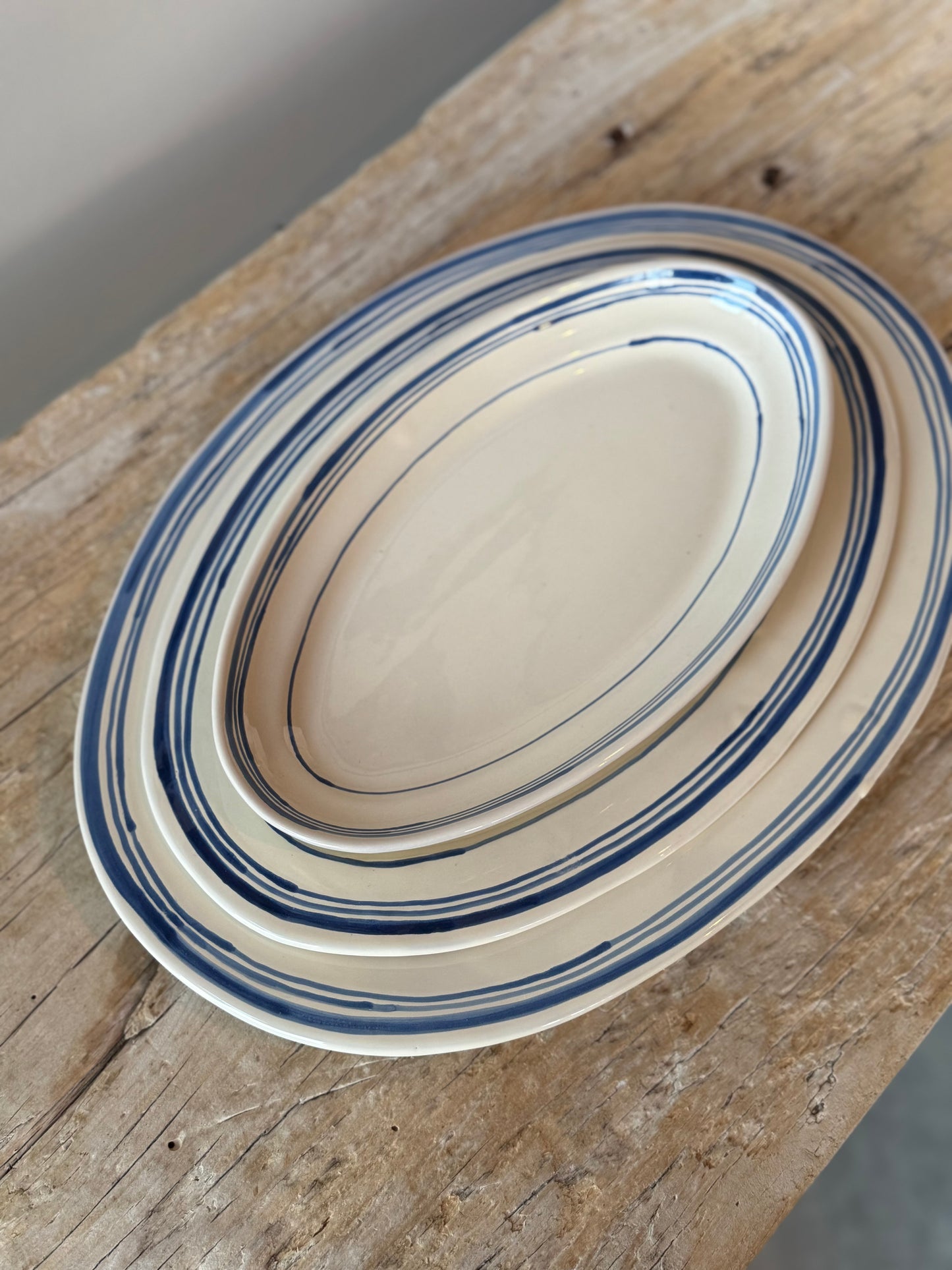 Cream with blue stripe small platter plate