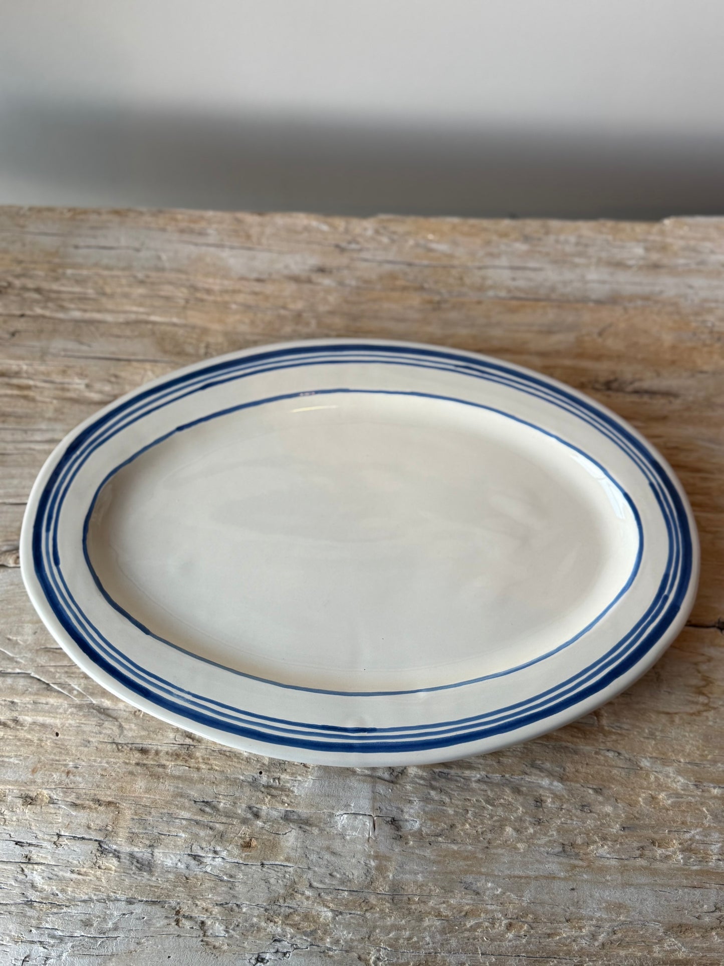 Cream with blue stripe medium platter plate
