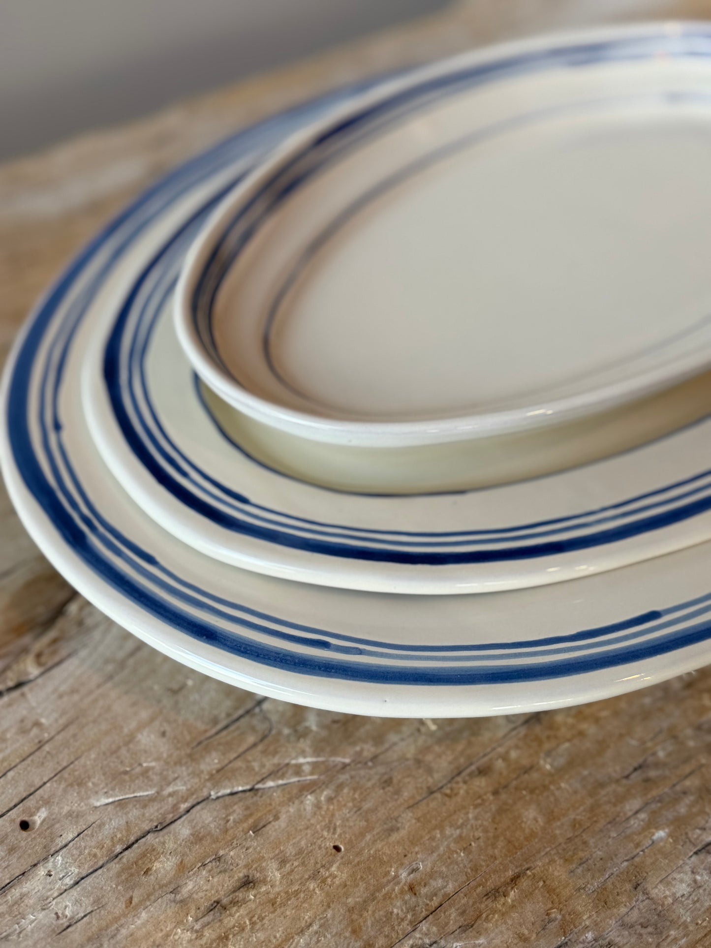 Pale cream with blue stripe large platter plate