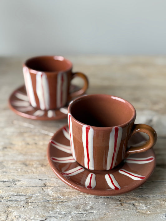 Terracotta stripe small cup and saucer