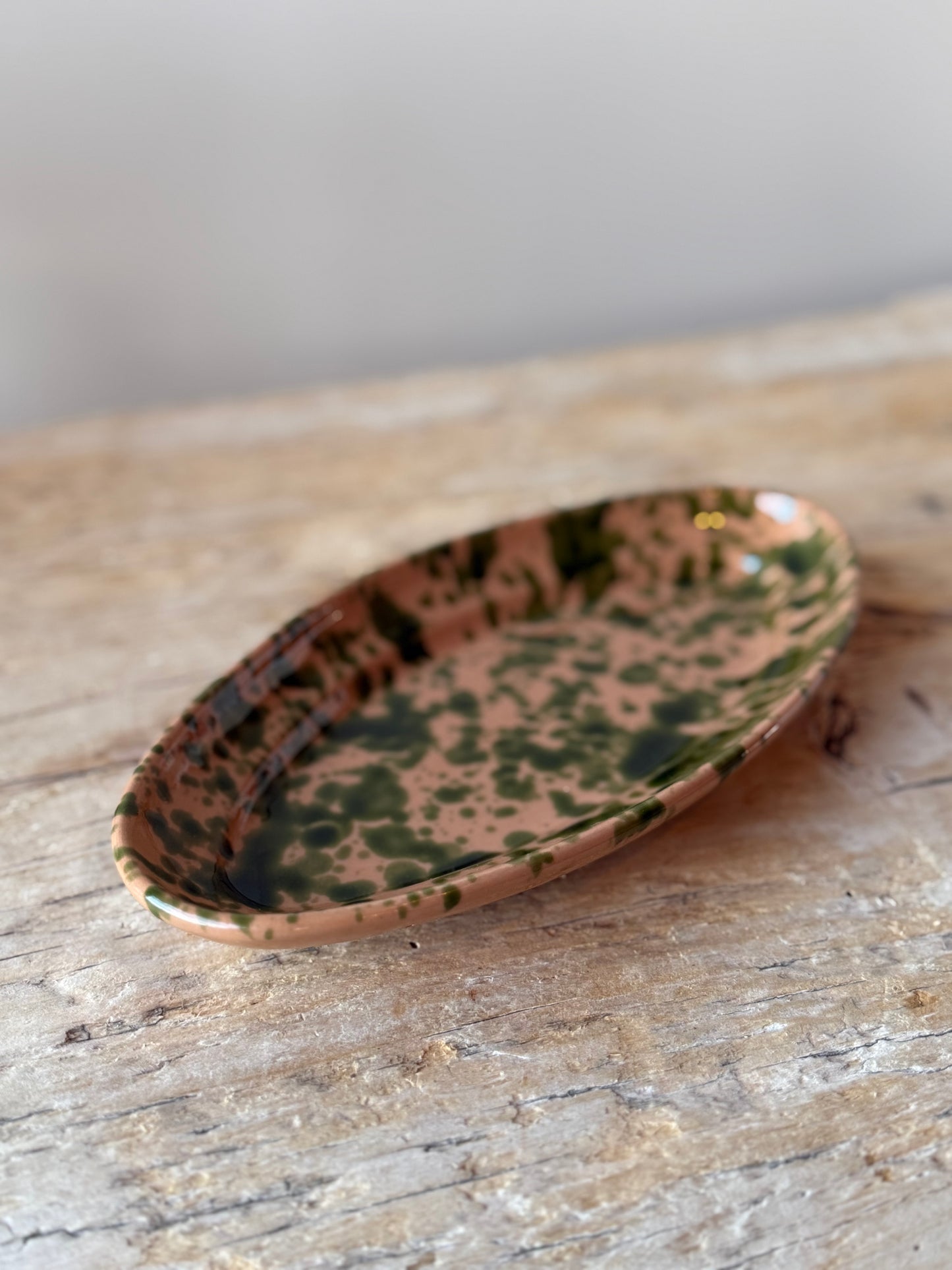 Nude & green splatter ware small oval platter